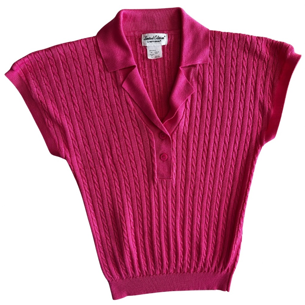 Vintage Limited Edition Ship’n Shore Pink Cable Knit Short Sleeve Sweater Polo L